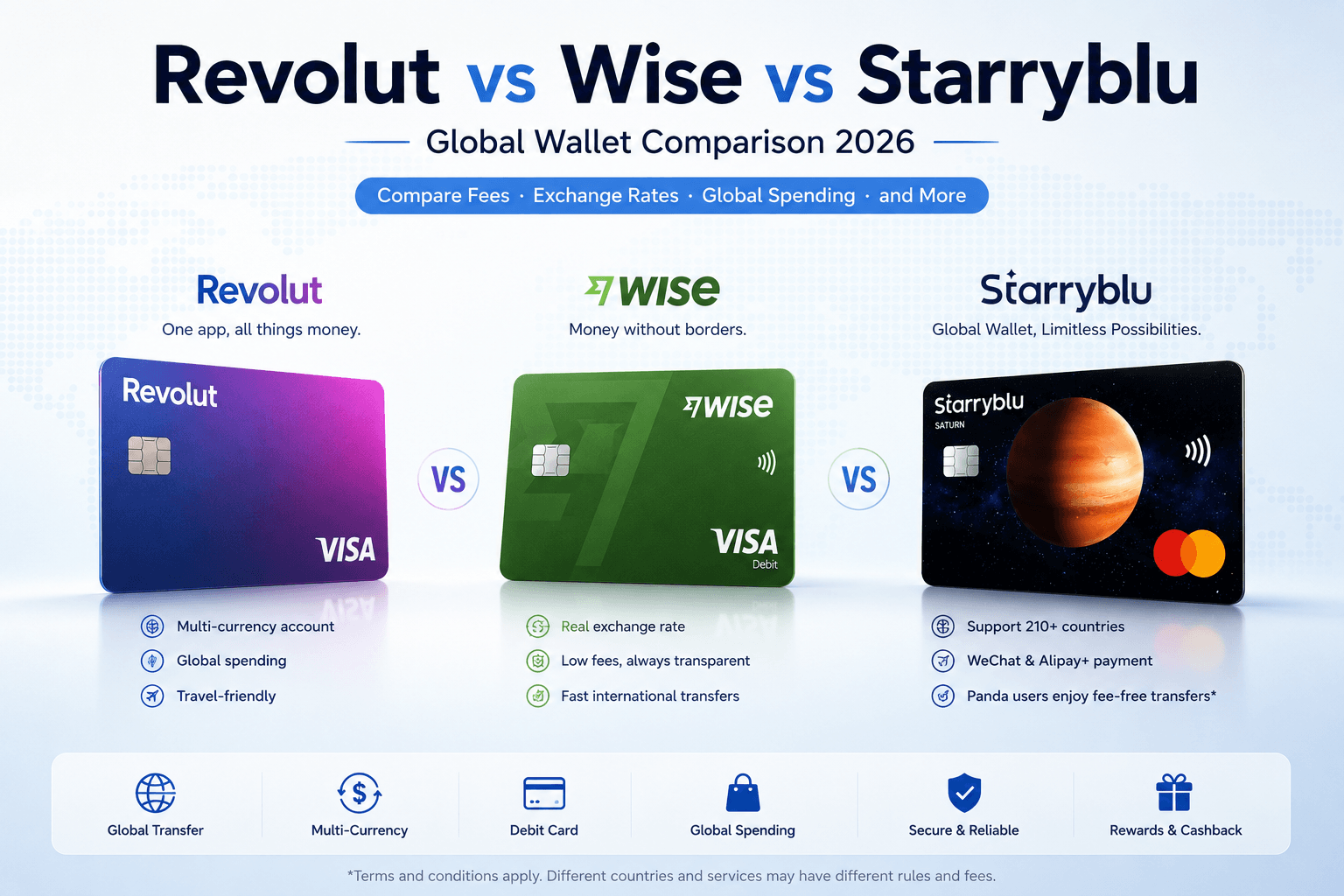Comparison of Revolut, Wise and Starryblu global wallet cards, featuring international money transfer, multi-currency accounts, global spending and exchange rate comparison in 2026.